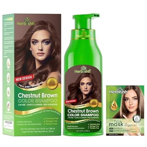 Herbishh Shampoo colorante per capelli, 3 in 1, colore castano scuro per capelli grigi, senza ammoniaca, 500 ml, colora i capelli in pochi minuti (castano)