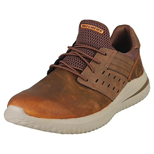 Offerta a tempo: Skechers Delson 3.0 Ezra, Scarpe da ginnastica Uomo, Dark Brown Leather W/ Mesh, 41.5 EU - 43% da 79.95 € a 45.27 €