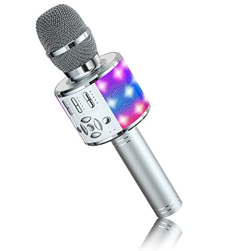 BONAOK Micrófono de Karaoke Bluetooth, Micrófonos de Karaoke Inalámbricos 4 en 1, Altavoz de Micrófono de Karaoke LED para Niños, Compatible con Dispositivos Bluetooth iOS Android (Siber)