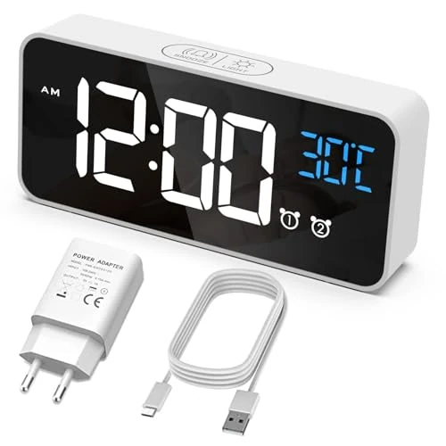 Offerta a tempo: HERMIC Sveglia digitale, sveglia da comodino con temperatura, orologio digitale con 2 allarmi, Snooze, 4 livelli di luminosità, controllo vocale, USB ricaricabile, sistema 12/24 ore (Bianco) - 10% da 22.99 € a 20.75 €