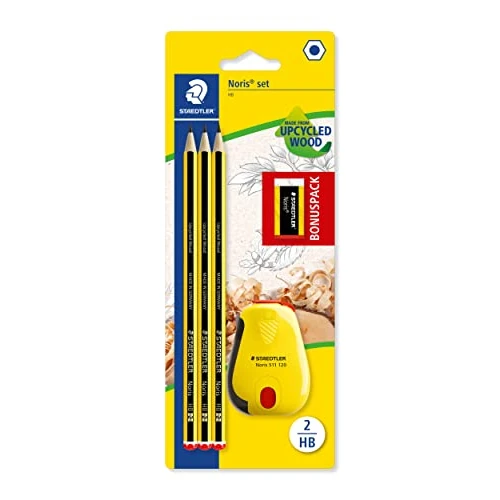 Offre limitée : Staedtler Noris Anniversaire, Crayons à papier HB en bois de haute qualité, Étui blister de 3 crayons HB avec taille-crayon à réservoir et mini-gomme, 120 SBK3P2 de 5.90 EUR à 5.19 EUR (remise 12%)