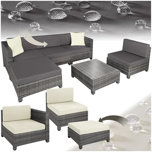 Limited-time offer: tectake® Rattan Garden Lounge Set, Incl. 4 Chairs, 1 Stool, 1 Table & 2x Cushion Cover Sets, Modular Outdoor Sofa Set with Aluminium Frame, Outdoor Furniture for Patio, Garden, Balcony - Grey from 478.99 £ to 478.99 £ (save 0.0%)