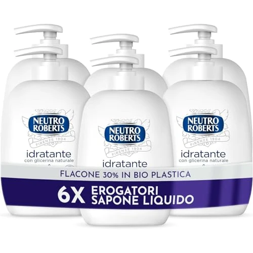Neutro Roberts, Nawilżające mydło w płynie z gliceryną, mydło w płynie do rąk z naturalnymi składnikami - Butelka z organicznego tworzywa sztucznego, nadająca się do recyklingu - Opakowanie 6 x 200 ml