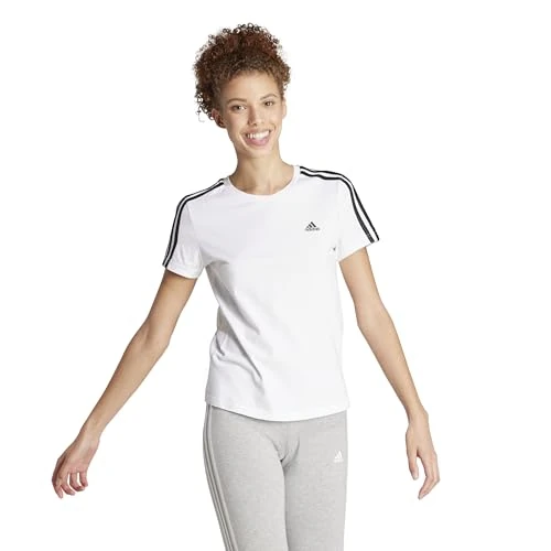 adidas Mujer Essentials Slim 3-Stripes Tee, White / Black, S