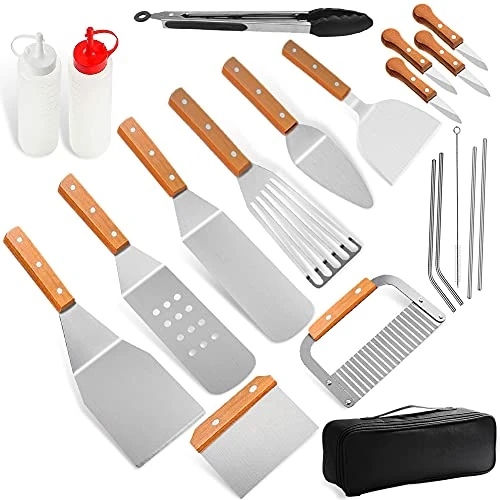 Limited offer: Home Safety 21 PCS Professional Griddle Accessories Cooking Kit, BBQ Heavy Duty Wooden Handle Grill Utensils Tool Set, Stainless Steel Spatula, Tongs, Scraper for Flat Top, Teppanyaki, Hibachi from 19.19 EUR to 15.35 EUR (save 20%)