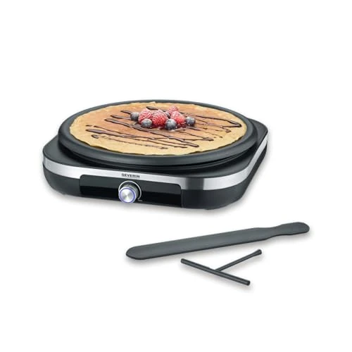 SEVERIN Crepera eléctrica, crepera profesional para crepes dulces y salados, con plancha grande extraíble de 38 cm, aprox. 1500 W, acero inoxidable cepillado/negro, CM 2199