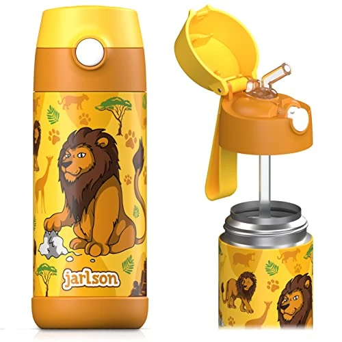 Offerta a tempo: Jarlson® Borraccia Termica Bambini 350ml CHARLI [CON CANNUCCIA] - Bottiglia Acciaio Inox - Termos per Bambini e Bambine - Mantiene Freddo - Senza BPA - Ideale per Scuola, Sport e Viaggi (Leone 2) - 35% da 27.95 € a 18.04 €