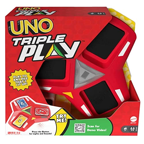 Mattel Games UNO Triple Play, Uno Kartenspiel für die Familie, mit Licht und Soundeffekten, Perfekt als Kinderspiel, Reisespiel oder Spiel für Erwachsene, für 2-6 Spieler, ab 7 Jahren, HCC21