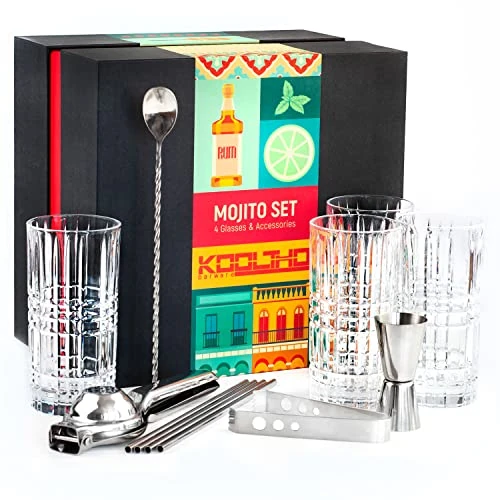 Mojito Kit Glasses Gift Set, Gifts for Women Men Present Idea, Cocktail Making Kit Tall Glass Sets of 4 Straws and Accessories, Premium Box Can Be Personalised Mojitos Drink Maker