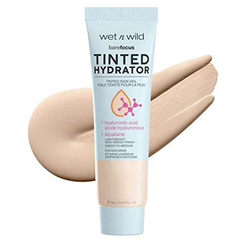 wet n wild, Hydratant Teinté Bare Focus pour une Peau Éclatante, Couverture Modulable Transparente à Moyenne, Fini Semi-Mat, Formule Enrichie en Acide Hyaluronique et Squalane Végétal, Clair à Moyen