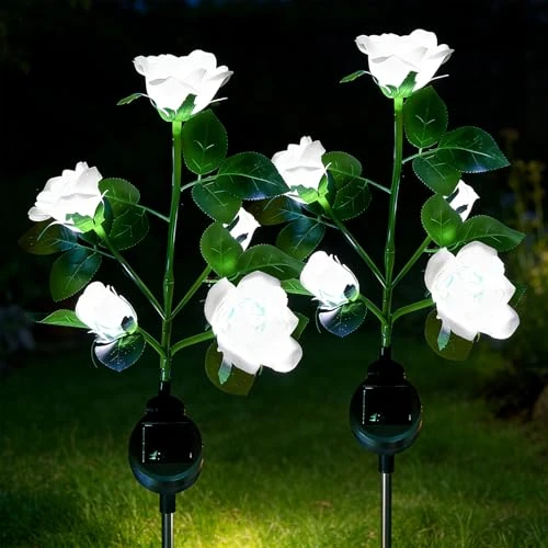XVZ Solar Gartenstecker für Außen Garten, 2 Stück LED Rose Solar Blumen Lampen mit größerer Blume und Breiterem Wasserdichte Solarpanel für Rasen Terrasse Weg Balkon Deko - Weiß