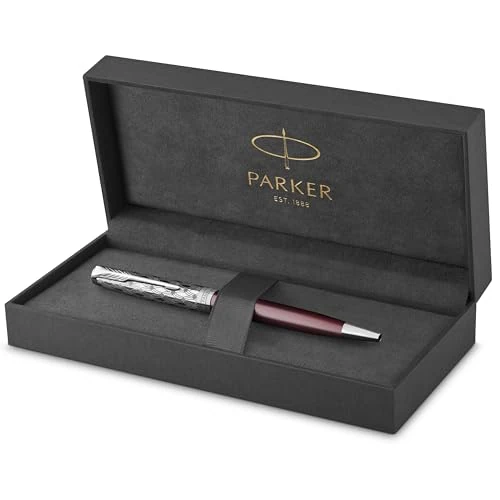 Parker Sonnet Penna a Sfera | Laccata Premium Metal & Red con finiture cromate | Punta medio con ricarica inchiostro nero | Confezione regalo