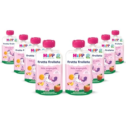 Offerta a tempo: HiPP - Frutta Frullata Bio per Bambini, Unicorno, Purea 100% Frutta, Gusto Mela, Prugna Gialla e Pesca, Senza Zuccheri Aggiunti, 8 Confezioni da 90 gr - 0% da 8.50 € a 8.50 €