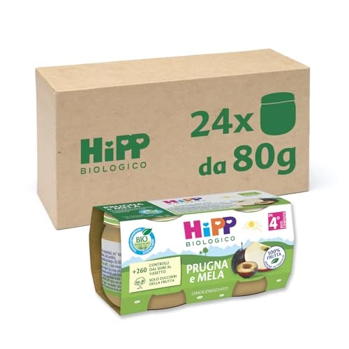 HiPP - Omogeneizzato di Frutta Biologico per Neonati, Gusto Prugna e Mela, 100% Frutta, 24 Vasetti da 80 g