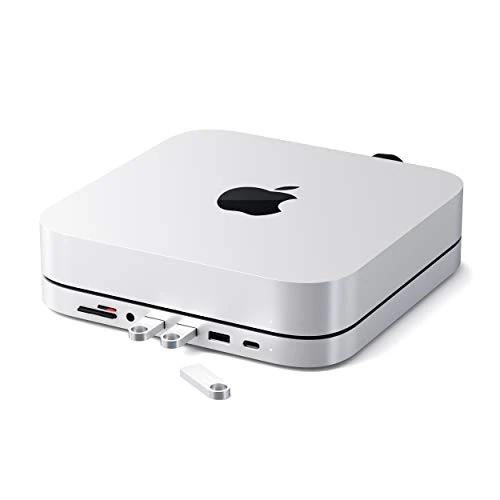 SATECHI USB-C Hub 7-in-1 für Mac mini M2/M1, Standfuß und Multiport Adapter mit Micro-/SD Kartenleser, USB 3.0 und 3,5mm Audioanschluss (Nicht für Mac mini M4) – Silber