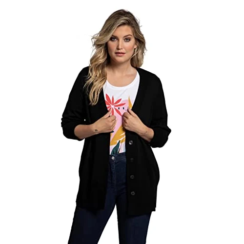 Ulla Popken Women's Strickjacke, V-Ausschnitt, Knopfleiste, Feinstrick Pullover Sweater, Black, 20-22