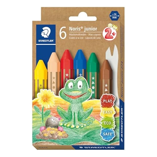 Offre limitée : Staedtler Noris Junior, Crayons à la cire gros module, Spécialement conçus pour les enfants, Étui carton recyclé avec 6 crayons assortis et 1 grattoir, 224 C6, Coloris Assortis de 3.29 EUR à 3.29 EUR (remise 0%)