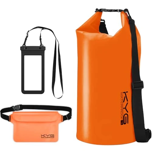 Oferta limitada: KYG Bolsa Estanca Impermeable 5L/10L/20L Set de Mochila Estanca con Funda de Móvil y Bolsa de Cintura, Bolsa Seca para Playa y Deportes al Aire Kayak Senderismo Esquí Pesca Escalada 20L Naranja de 19.99 € a 16.99 € (ahorro 15%)