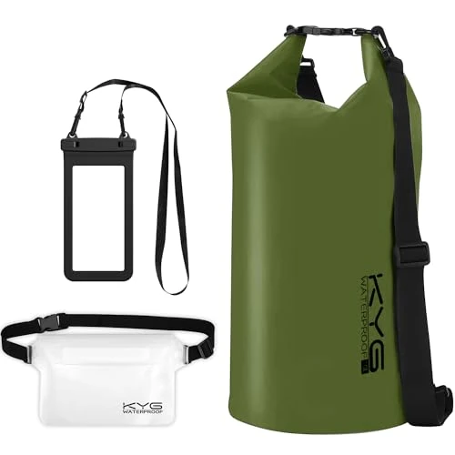 KYG Waterproof Dry Bag 10L Set of Waterproof Backpack with Mobile Phone Case and Waist Bag, Dry Bag for Beach and Outdoor Sports Kayak Hiking Skiing Fishing Climbing Camping, Green