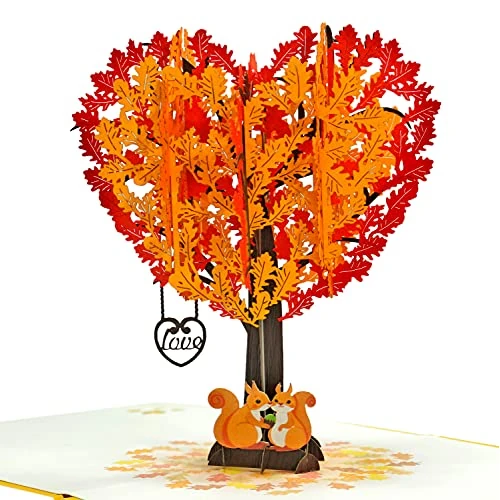CUTPOPUP Fall Heart Tree - Wyskakująca kartka rocznicowa, kartka z życzeniami ślubnymi 3D (drzewo serca pary wiewiórek) US8-LO103PL1515