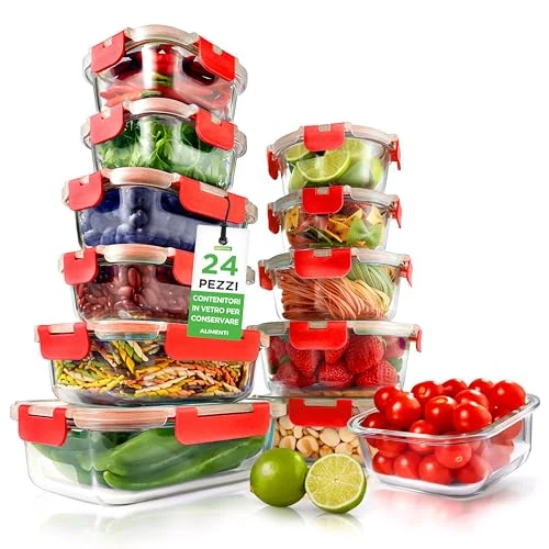 Offerta a tempo: NutriChef Set di 12 Contenitori per Alimenti in Vetro con Coperchi, Contenitori Resistenti per la Preparazione dei Pasti, Sicuri per Microonde, Freezer e Lavastoviglie - 0.00% da 49.99 € a 49.99 €
