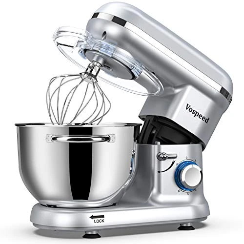 Stand Mixer, Vospeed Food Mixer Dough Blender, 6.2L Electric Cake Mixer with Bowl, Beater, Hook, Whisk, Egg Separator & Silicone Spatula, Dishwasher Safe (Silver)