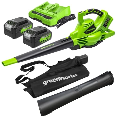 Greenworks GD24X2BVK4X Accu Bladblazer en Zuiger met Schouderriem, Borstelloze Motor, 322 km/u, 9 m³/min, 45L Opvangzak, Twee van 24V (48V Equivalent) 4Ah Accu’s & Lader
