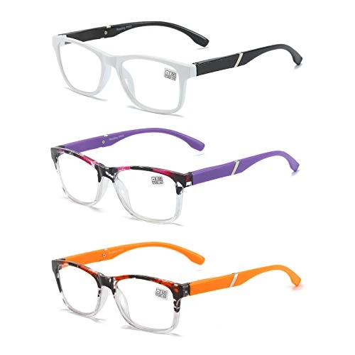 MMOWW Gafas de lectura para hombres y mujeres, paquete de 3 - Gafas ultraligeras con bisagras de resorte (Blanco + Naranja + Morado, +2.5)