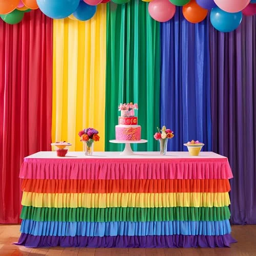 Besutolife Regenbogen-Tischdecke, Rüschen, Tutu, Tischrock für rechteckigen Tisch, 1,8 m, Geburtstag, Uincorn, Regenbogen-Party-Dekoration
