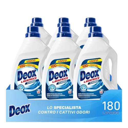 Offerta a tempo: Deox - Detersivo Lavatrice Liquido Classico, 180 Lavaggi, Smacchia e Igienizza, con Formula Antiodore, 1500ml x 6 Confezioni - 47% da 38.49 € a 20.34 €