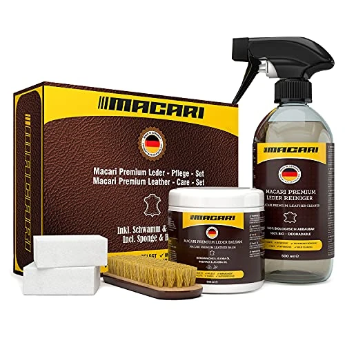 Zeitlich begrenztes Angebot: Macari Lederpflege 500ml Balsam + 500ml Reiniger + 2 Schwamm + Lederbürste Premium Leder Lederreiniger Set Bienenwachs für Ledercouch Auto Möbel Jacke Kleidung Sofa Handtasche Schuhe Sattel Lederfett von 34.95 € auf 29.70 € (1