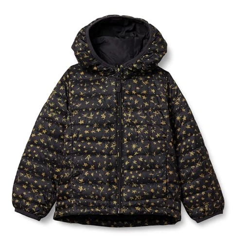 Amazon Essentials Lekka wodoodporna kurtka puchowa z kapturem, dla małych dziewczynek, czarne gwiazdki, 3T