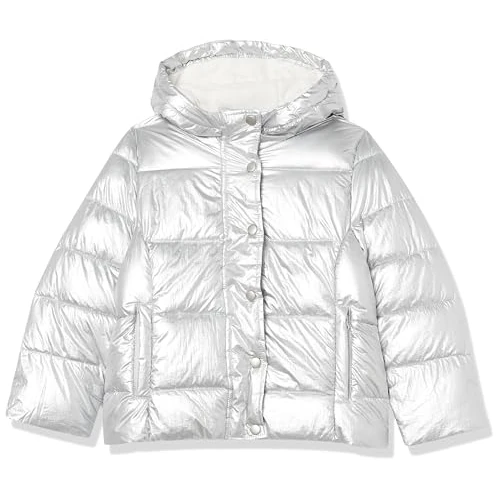 Amazon Essentials Gruby płaszcz puchowy z kapturem, dziewczęcy, wodoodporny, metaliczny srebrny, L