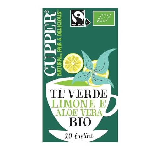 Offerta a tempo: CUPPER Tè Verde al Limone e Aloe Vera Biologico e Fairtrade, Tè con Gusto Vivace e Agrumato, Ingredienti da Agricoltura Biologica, Filtri 100% Biodegradabili, Confezione da 20 Bustine - 43% da 3.49 € a 1.99 €