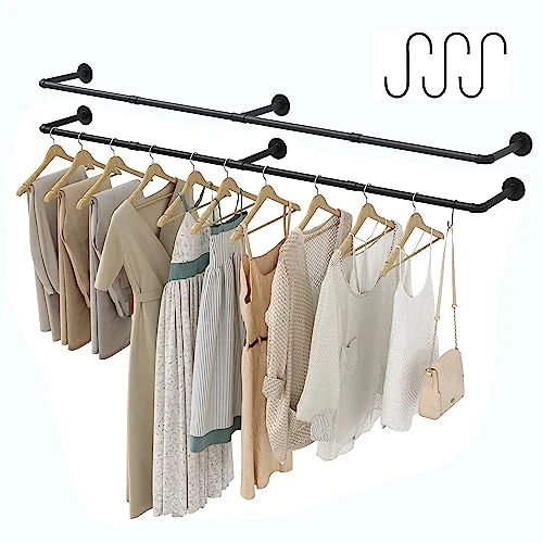 Crehomfy Appendiabiti a tubo industriale con 3 ganci a forma di S, da 183 cm, da parete, barra appendiabiti in ferro resistente, barra appendiabiti per lavanderia, carico massimo 61,2 kg, nero (2