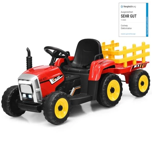 Offerta a tempo: COSTWAY 12V Trattore Elettrico per Bambini 3 Anni+, con Rimorchio (Rosso) - 0.00% da 174.99 € a 174.99 €