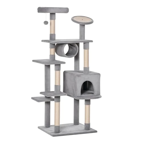 PawHut Albero Tiragraffi a Colonna da 165cm con Graffiatoio e Trespoli per Gattini e Gatti Adulti di Max. 4.5kg, Grigio, 60x50x165cm
