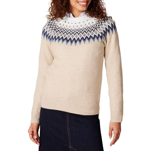 Limitiertes Angebot: Amazon Essentials Damen Soft-Touch-Pullover mit Rundhalsausschnitt und Fair-Isle-Muster, Blau Taupe Meliert Weiß Norweger, L von 29.80 EUR auf 25.33 EUR (Spare 15%)