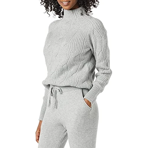 Amazon Essentials Women's Soft Touch Cable Knit Funnel Neck Chunky Jumper, Grey Heather, XS