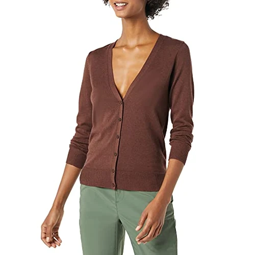 Amazon Essentials Jersey Ligero con Cuello de Pico (Disponible en Tallas Grandes) Mujer, Castaño Oscuro Mezcla, XS