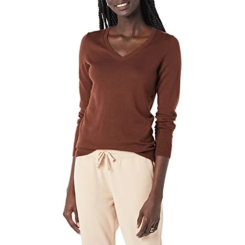 Oferta limitada: Amazon Essentials Suéter Ligero de Manga Larga con Cuello en V para Mujer, de Ajuste clásico (Disponible en Talla Extragrande), marrón Caramelo, Talla S de 25.50 EUR a 19.95 EUR (ahorro 22%)