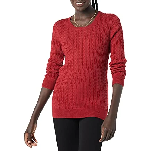 Amazon Essentials Dames lichtgewicht lange mouwen kabel ronde hals trui (verkrijgbaar in grote maten), donkerrood, XL
