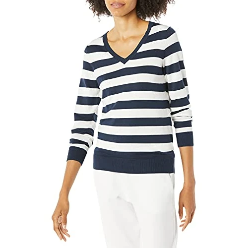 Limited-time offer: Amazon Essentials Women's Regular-Fit Lightweight V-Neck Long-Sleeve Jumper (Available in Plus Size), Navy White Rugby Stripe, M from 13.50 £ to 10.99 £ (save 19%)