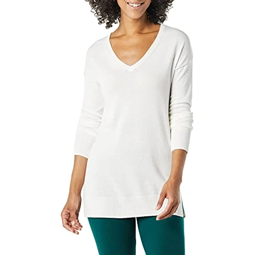 Amazon Essentials Jersey Tipo Túnica Ligero de Manga Larga y Cuello en Pico (Disponible en Tallas Grandes) Mujer, Marfil, L