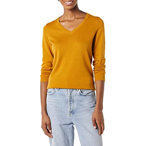Limitiertes Angebot: Amazon Essentials Damen Leichter Langarm-Pullover mit V-Ausschnitt (erhältlich in Übergröße), Klassischer Schnitt, Dunkelgoldgelb, L von 24.70 EUR auf 18.03 EUR (Spare 27%)