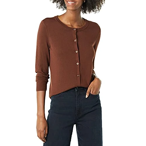Amazon Essentials Damen Leichte Rundhalsstrickjacke (Erhältlich In Übergröße), Braun, XL