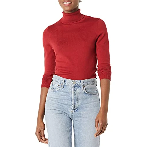 Amazon Essentials Damski klasyczny krój, lekki sweter z golfem z długim rękawem (dostępny w rozmiarze plus), ciemnoczerwony, XS