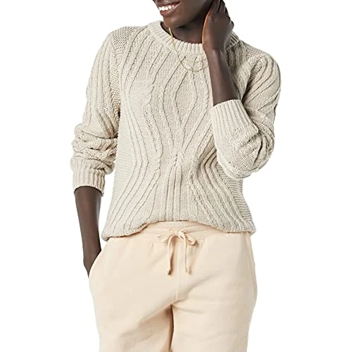 Limited-time offer: Amazon Essentials Women's Regular Fit Cotton Cable Knit Crewneck Jumper, Beige, M from 25.70 GBP to 16.66 GBP (save 35%)
