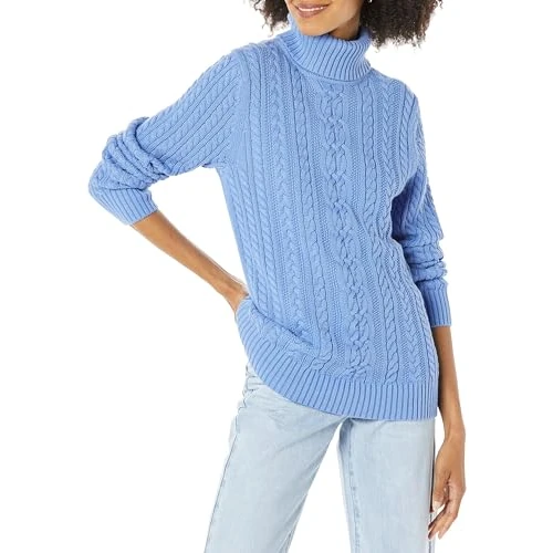 Amazon Essentials Damen Leichter Rollkragenpullover Mit Zopfmuster (Erhältlich In Übergröße), Blau, L