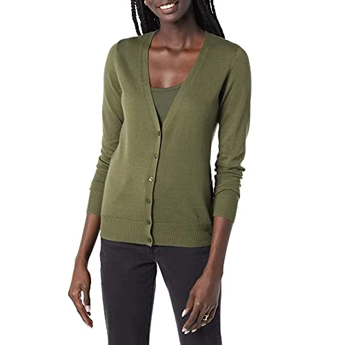 Amazon Essentials Cardigan léger à col en V (Grande Taille Disponible) Femme, Vert Olive, L